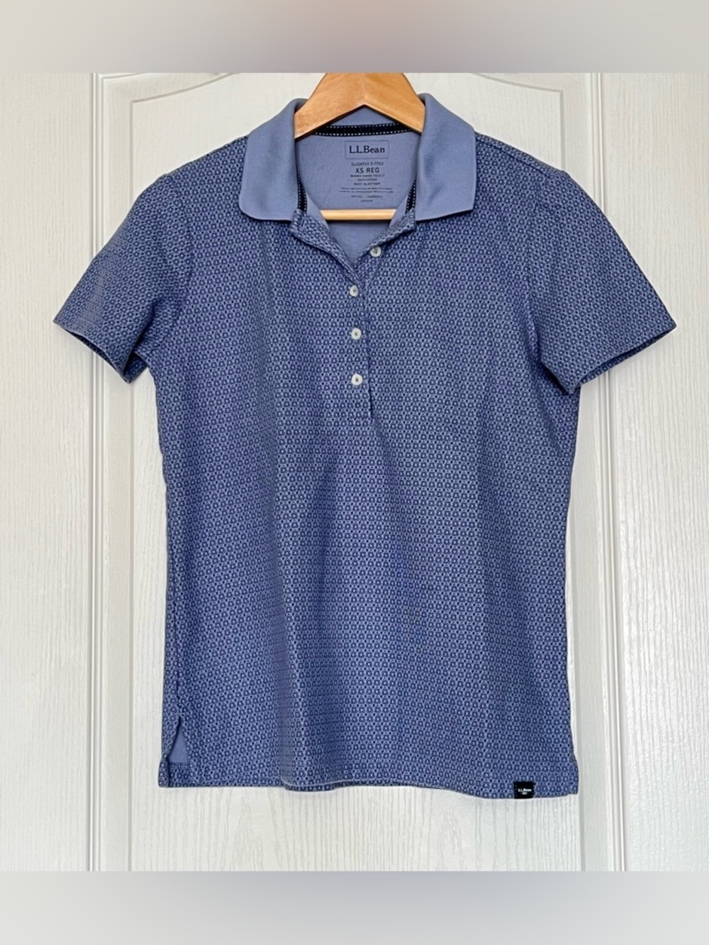 L.L. Bean Blue Geometric Pattern Polo Shirt XS Coastal Grandma Academia